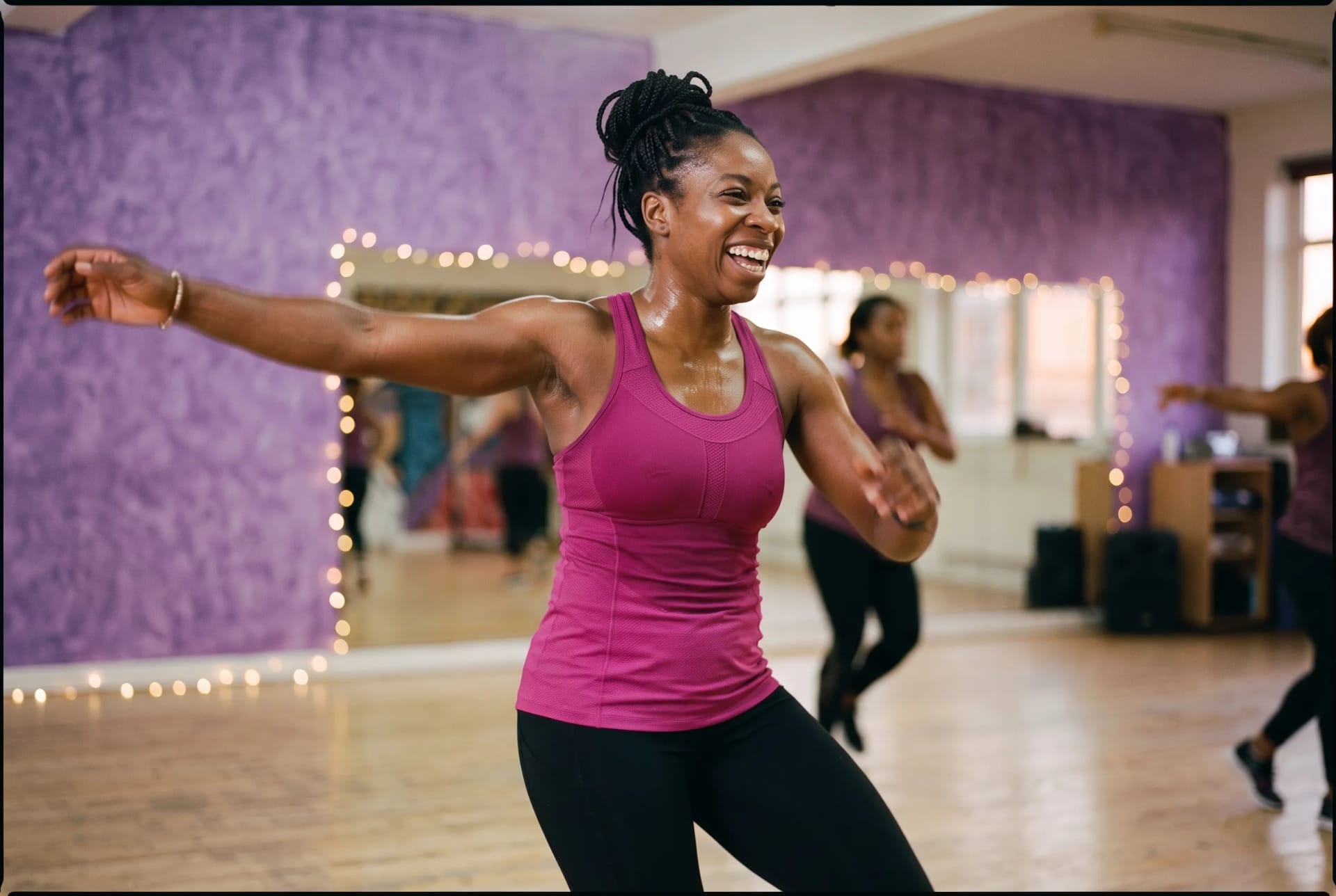Keisha Daniels teaching a dance-fit class in Peckham, London, mid-move with a big open gesture