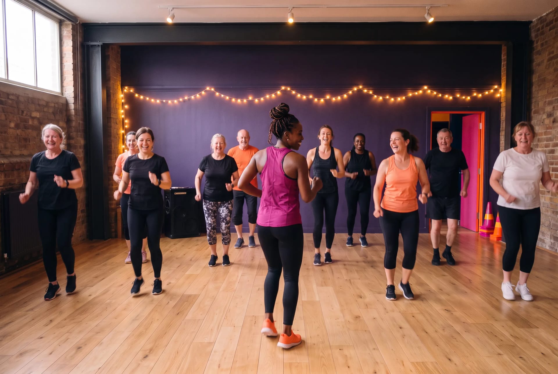The Pulse and Shine dance-fit class in Peckham, London, a wide shot of mixed ages and bodies moving together, photographed with consent