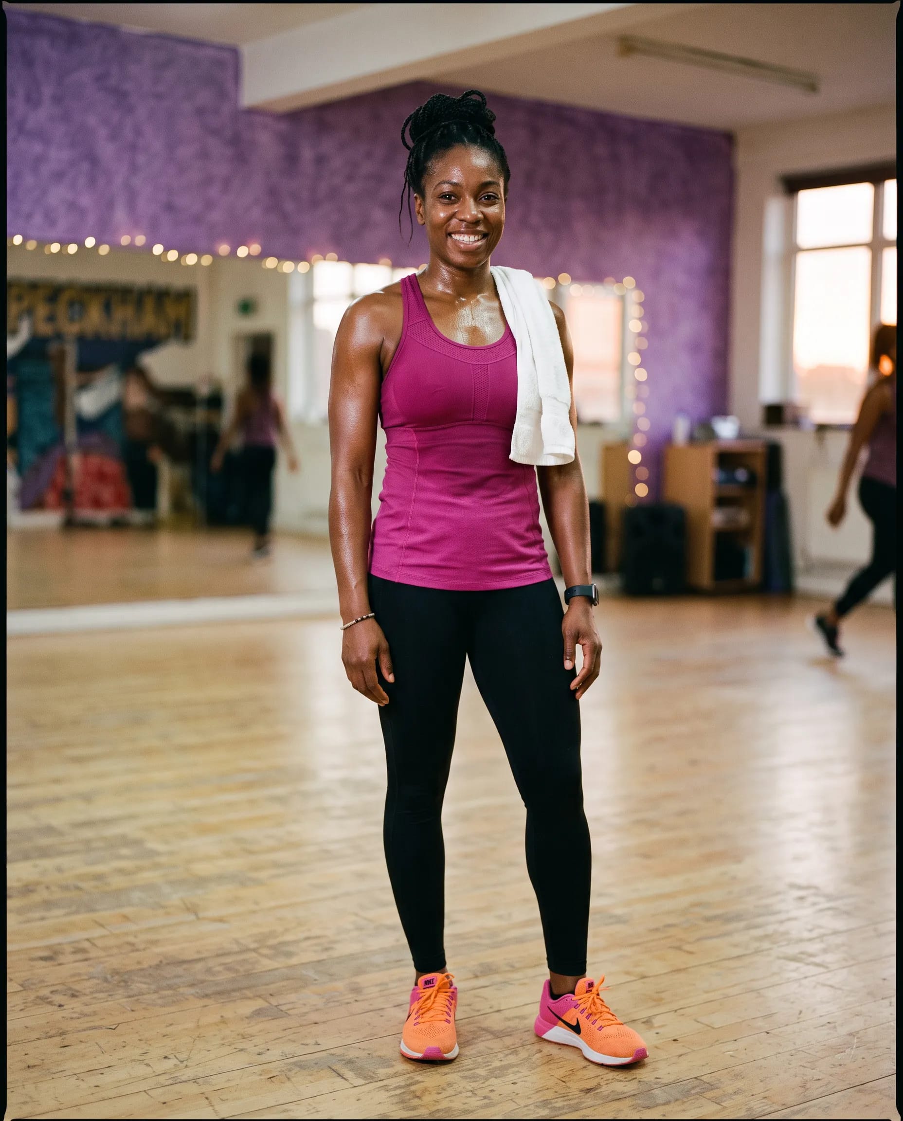 Keisha Daniels, dance-fit instructor, in warm studio light at the Pulse and Shine studio in Peckham, London
