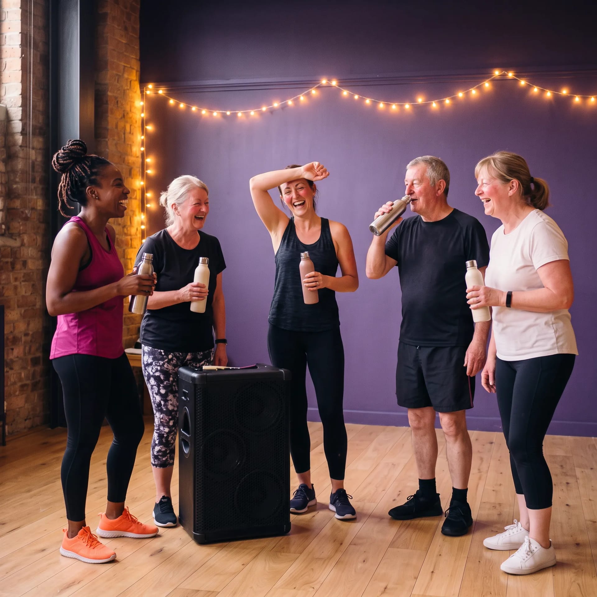 Class members laughing together during a water break at the Pulse and Shine studio in Peckham, London, photographed with consent