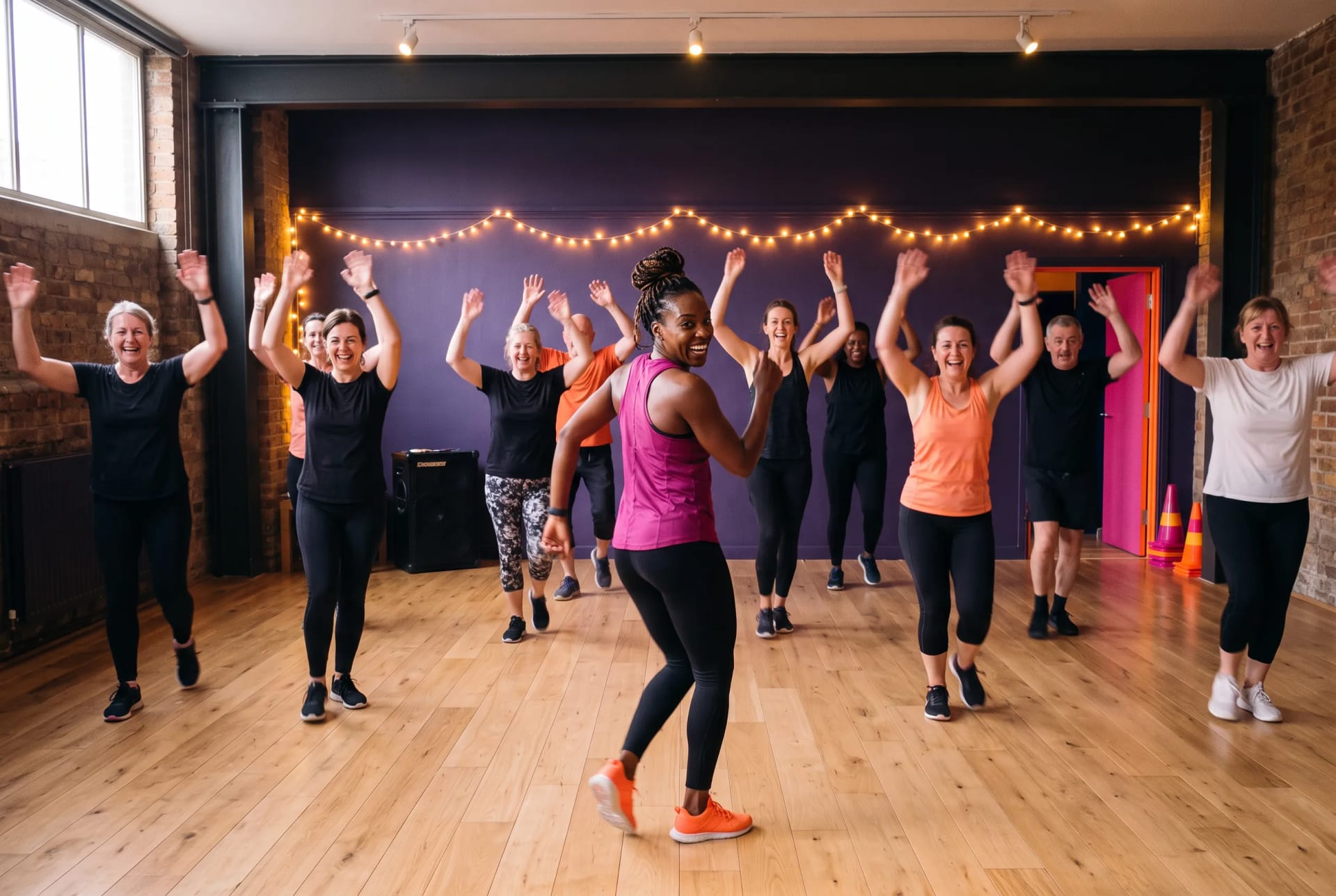 The Pulse and Shine dance-fit class mid-routine in Peckham, London, arms up and laughing, movement blur and joy