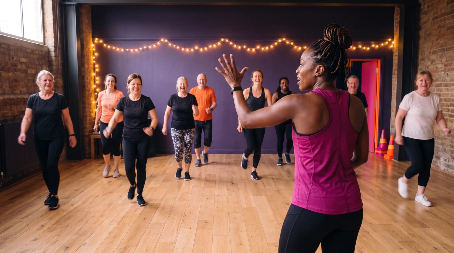 The Pulse and Shine dance-fit class mid-song in Peckham, London, everyone moving and laughing, photographed with consent