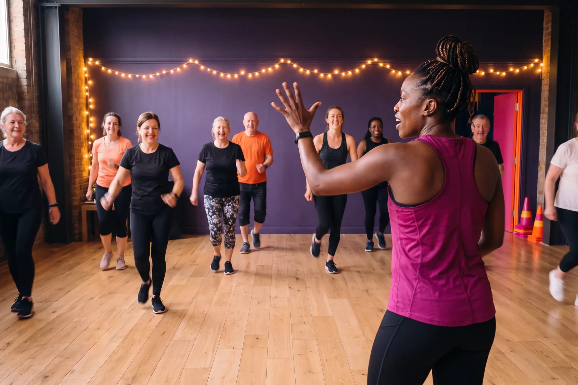 Keisha Daniels leading a dance-fit class mid-song at the Pulse and Shine studio in Peckham, London