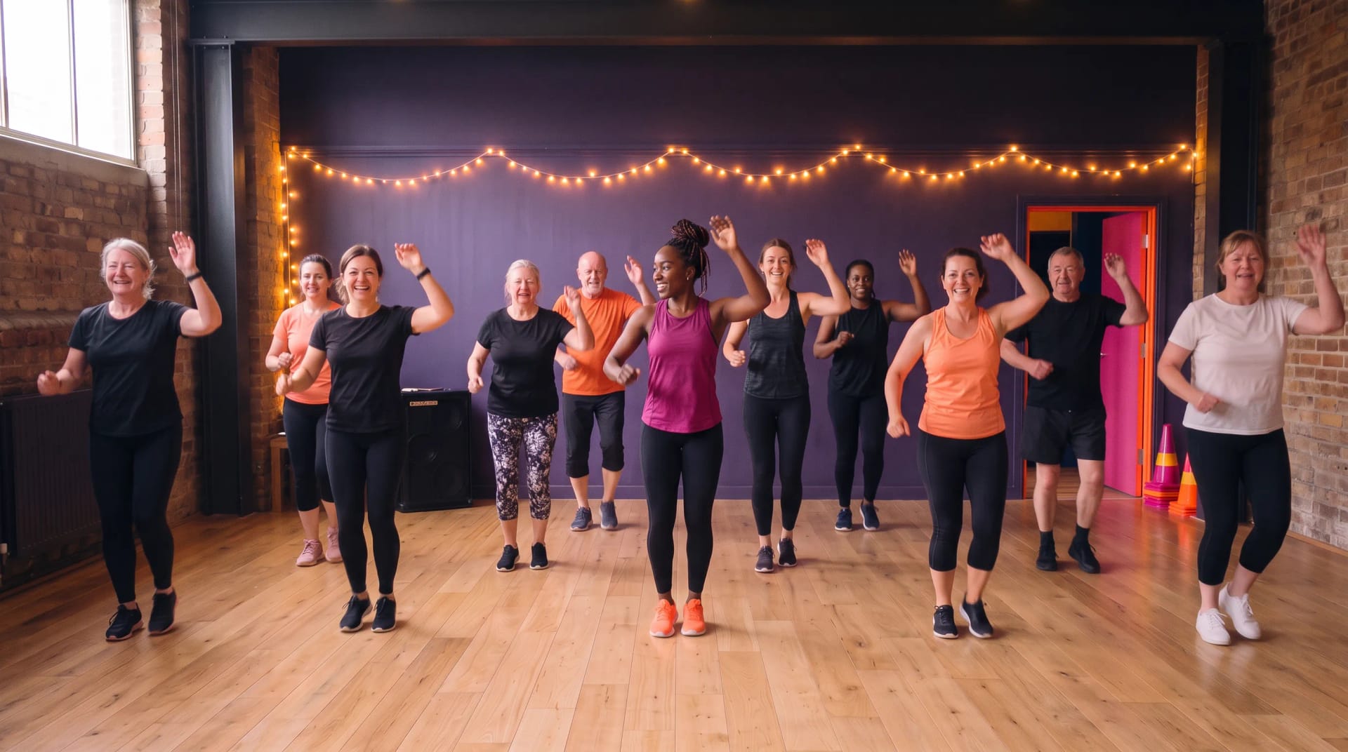 The Pulse and Shine class dancing together in Peckham, London, a wide shot of mixed ages and bodies, photographed with consent