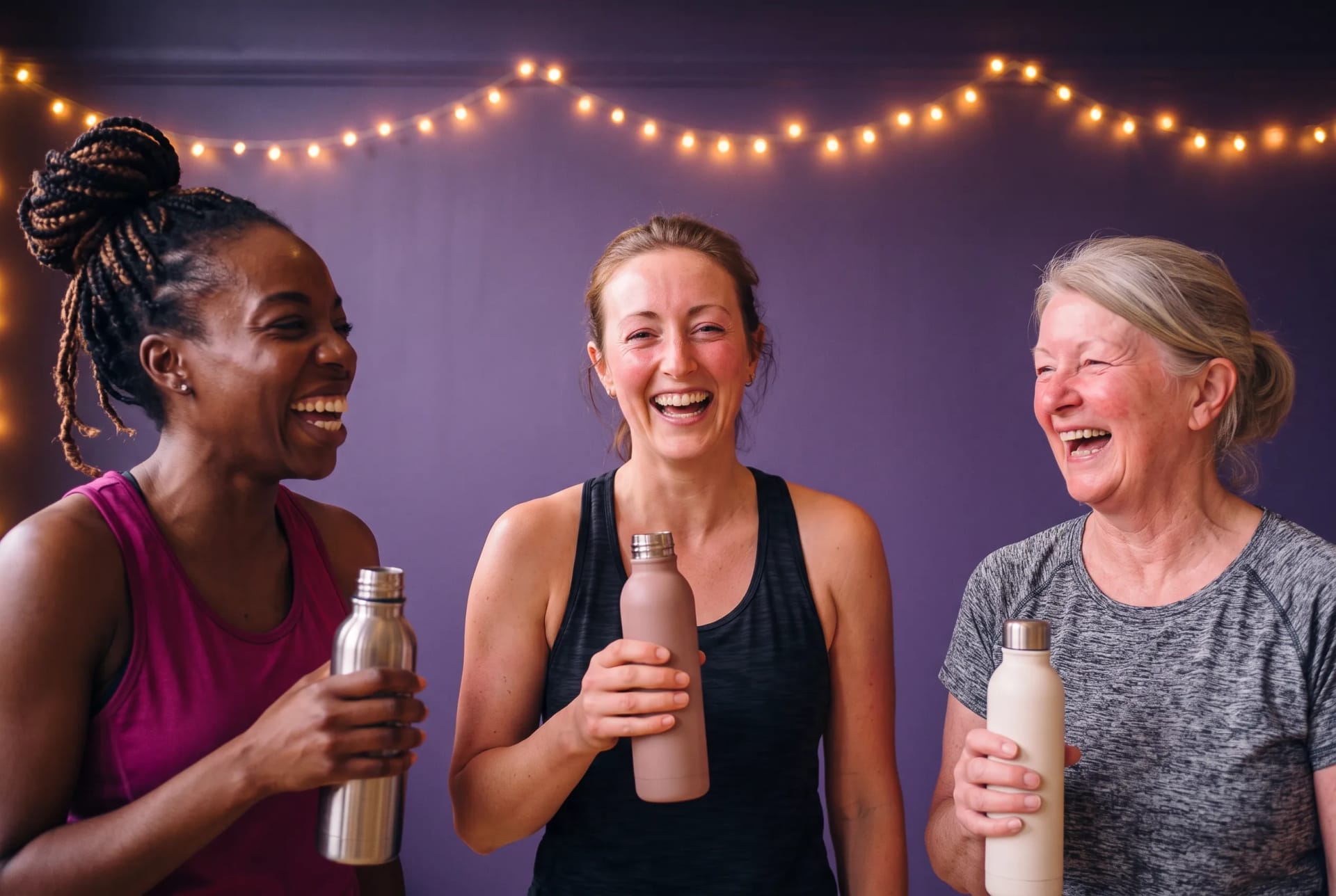 Class members laughing together at a water break at the Pulse and Shine studio in Peckham, London, photographed with consent